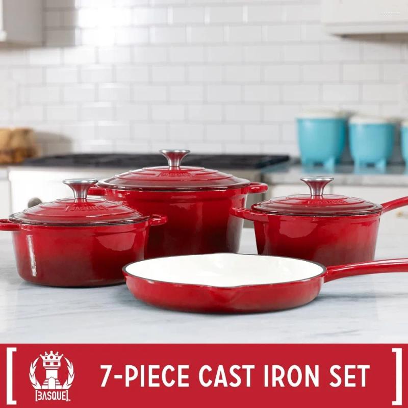 Cookware Sets 7-Piece Enameled Cast Iron Set Nonstick Oversized Handles Oven Safe; 10.25" Skillet 2QT Sau