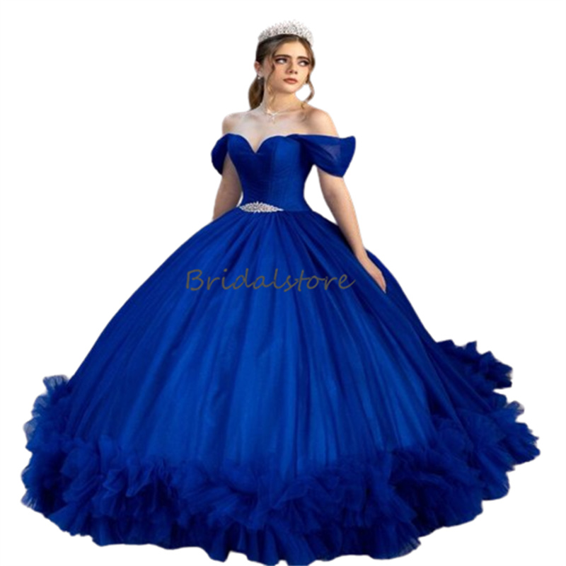 Masquerade Royal Blue Quinceanera Dresses Mexican Elegant Off Shoulders Ball Gown Prom Dress Sixteen Birthday Dress Ruffles Vestido De 15 Xv Anos Debu