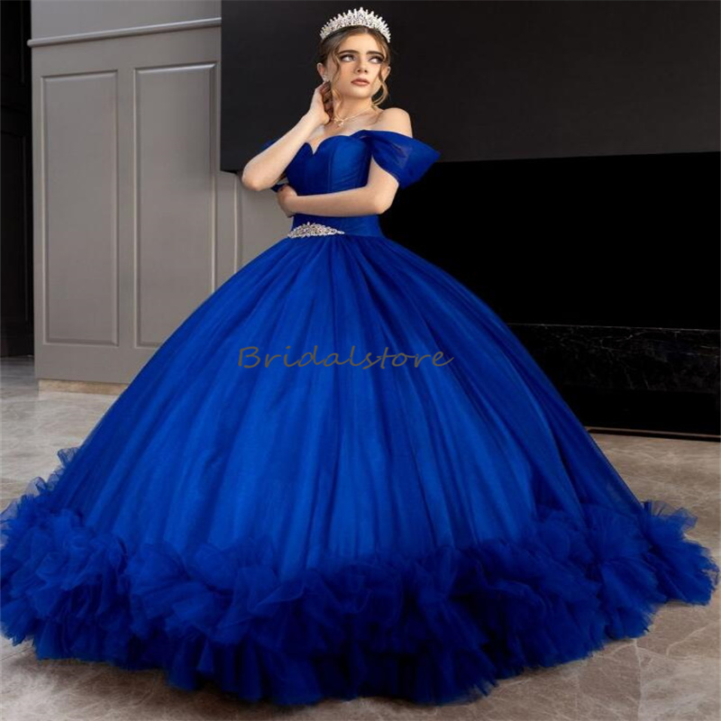 Masquerade Royal Blue Quinceanera Dresses Mexican Elegant Off Shoulders Ball Gown Prom Dress Sixteen Birthday Dress Ruffles Vestido De 15 Xv Anos Debu