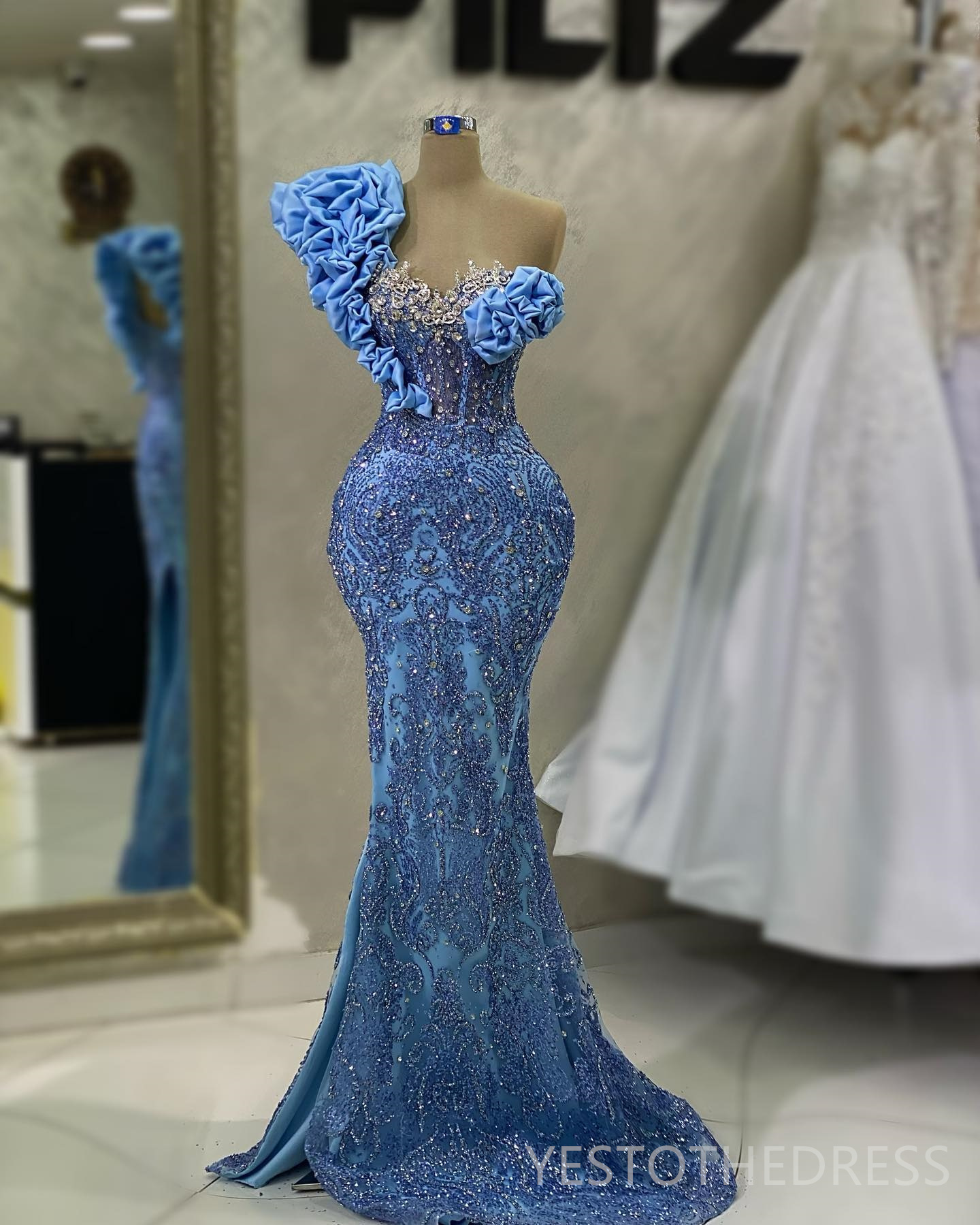 2024 Blue Plus Size Prom Dresses for Special Occasions Promdress One Shoulder Beaded Lace Rhinestone Decorated Birthday Party Dress Second Reception G