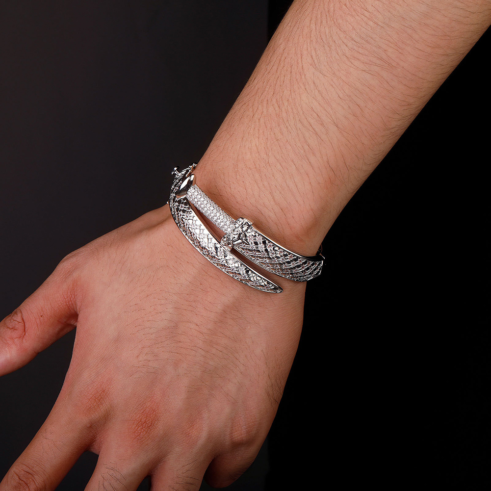 Hip Hop Sword Bracelet Cuff Bangle Micro Paved Cubic Zirconia Mens Wrist Jewelry Set