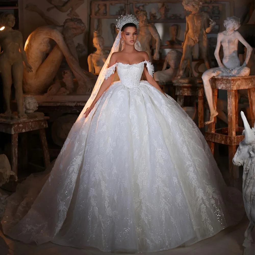 2025 Shiny Wedding Dresses Off the Shouder Beading Sequins Lace Appliques Ball Gown Puffy Bridal Gowns Vestido De Noiva Casamento Custom Order Size