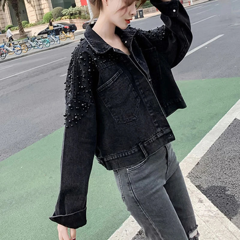 Rimocy Pearls Decorate Denim Jacket Women Autumn Turn Down Collar Loose Cropped Coat Woman Button Long Sleeve Jeans Jackets 240423