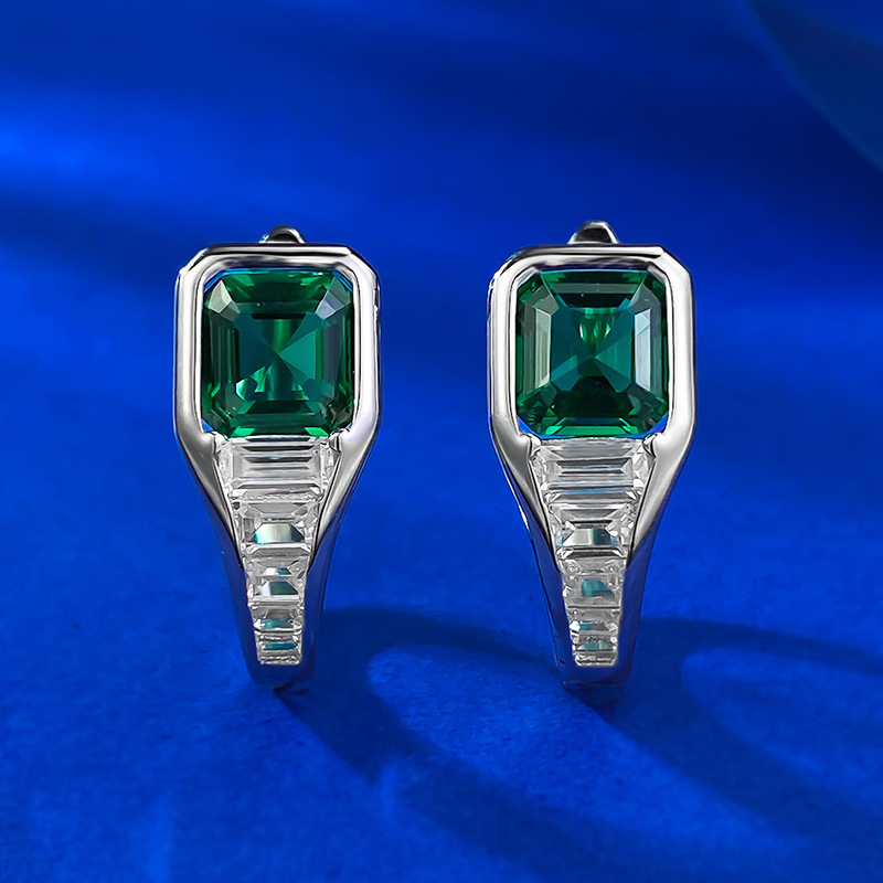 Sterg Sier Asscher Emerald Moissanite Clip Earrings for Women's Party and Wedding