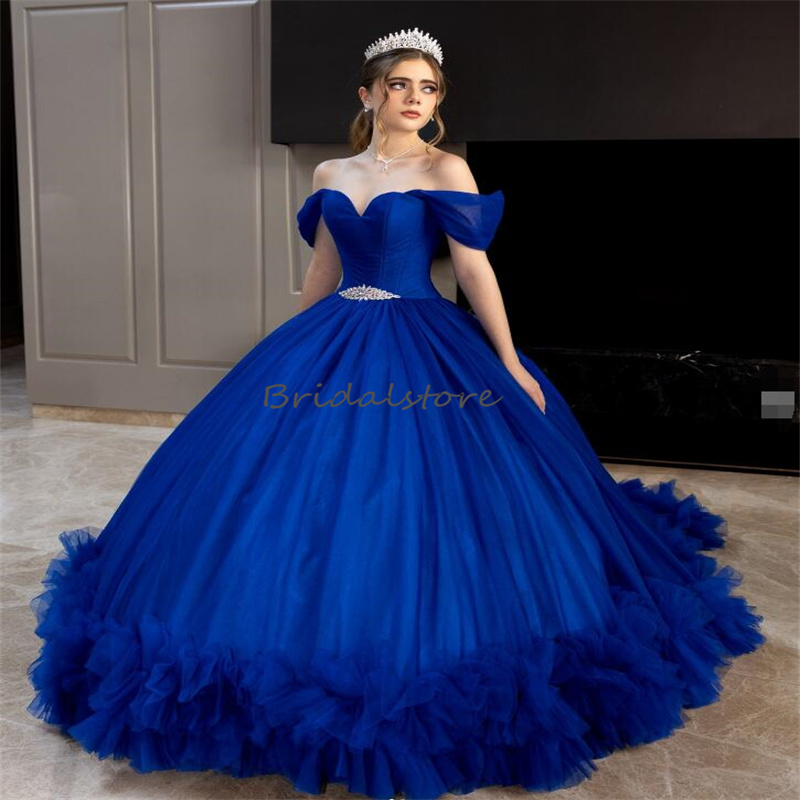 Masquerade Royal Blue Quinceanera Dresses Mexican Elegant Off Shoulders Ball Gown Prom Dress Sixteen Birthday Dress Ruffles Vestido De 15 Xv Anos Debu