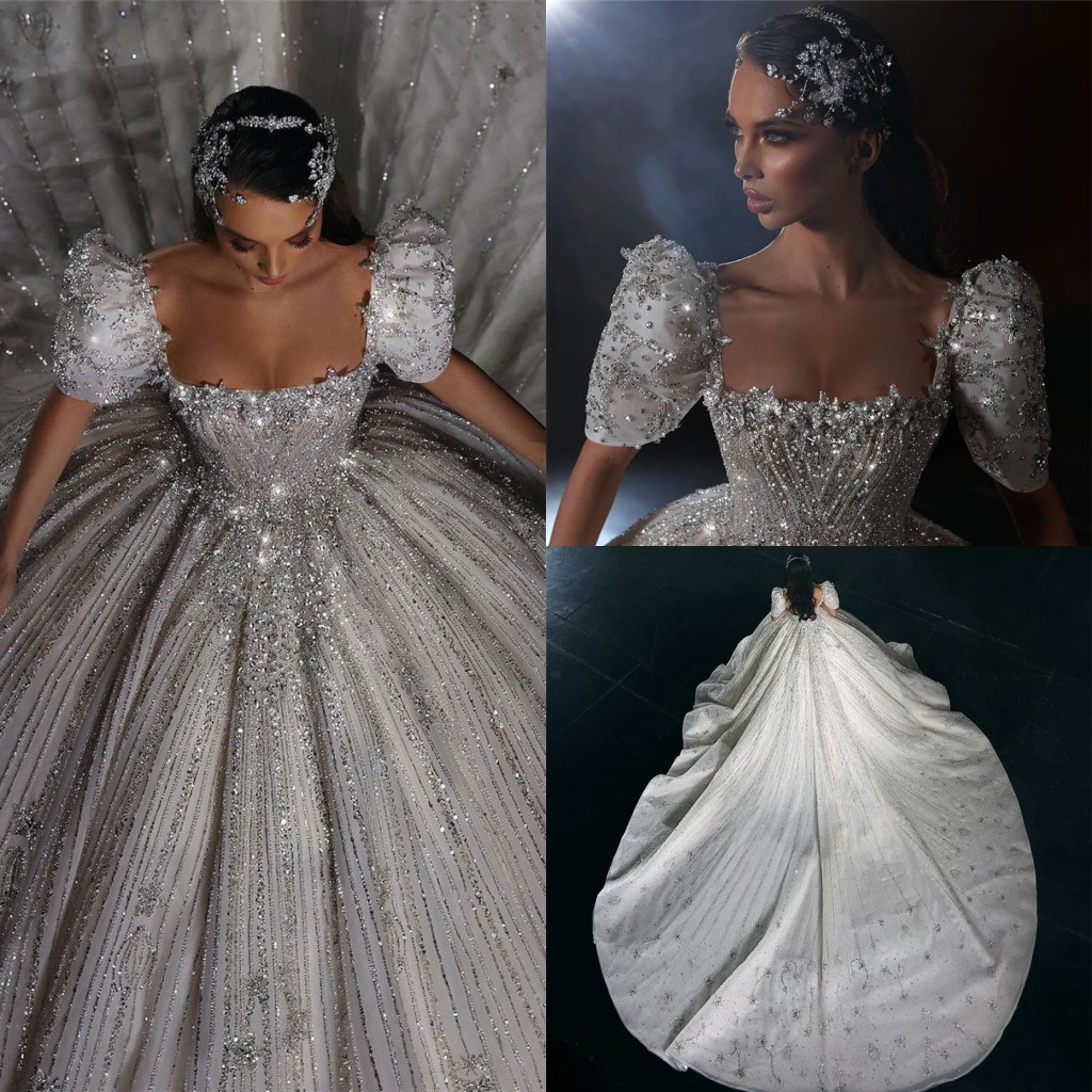 Luxurious Arabic Dubai Ball Gown Wedding Dresses Cap Sleeve Off Shoulder Beadings Crystals Sparkle Sequins Puffy Ruched Bridal Gowns Custom Made BC188