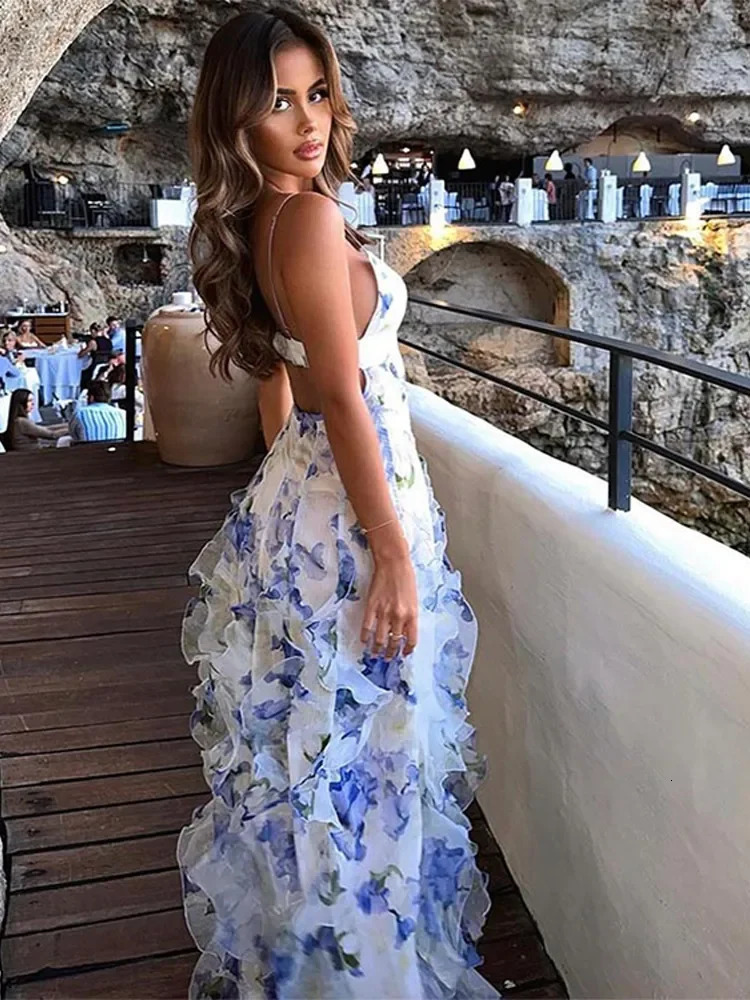 Womens Elegant Printed Camisol Long Dress Open Back Slim Fit Retro Womens Fashion Dress Holiday Leisure Unique Beach Book 240426