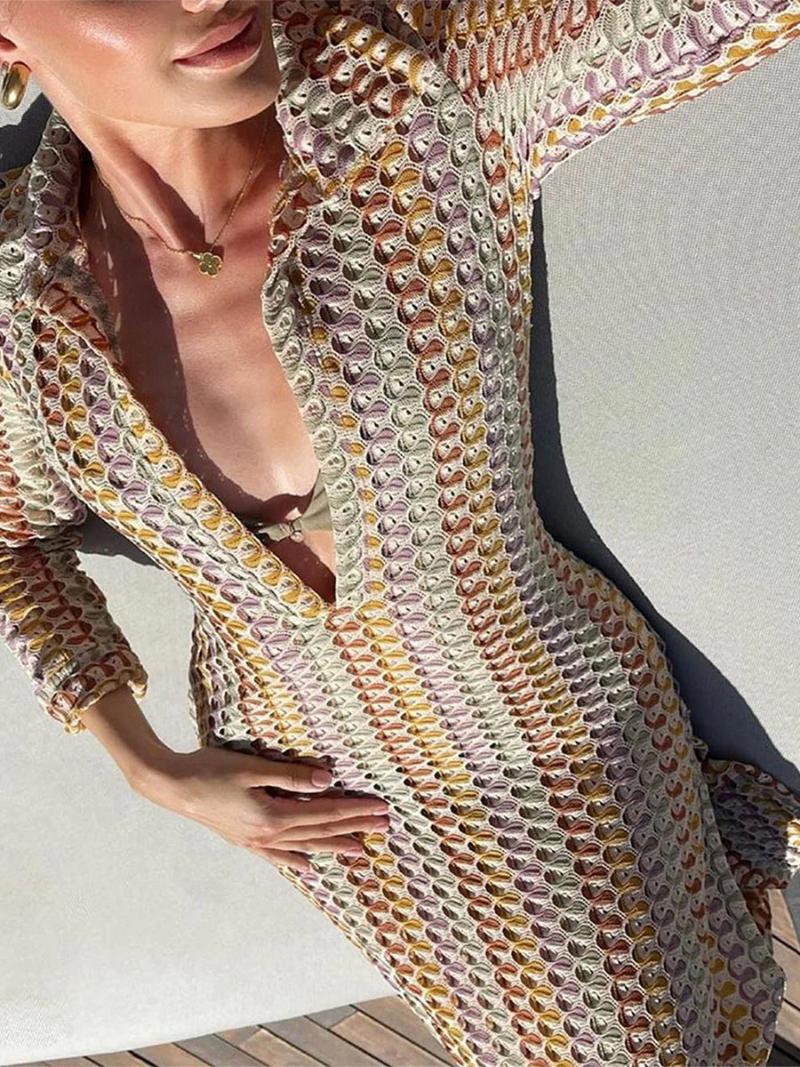 Casual Dresses Womens V Neck Crochet Maxi Long Sleeve Bodycon Dress Hollow Out Summer Thigh Slit Beach Vacation Cover Up