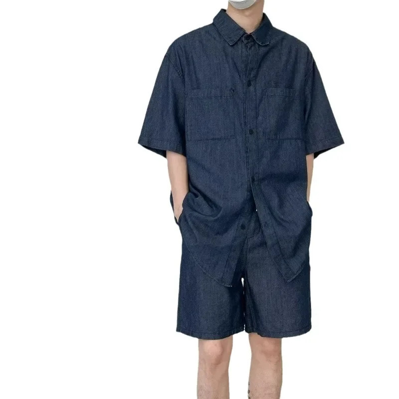 Summer Casual Sets Thin Denim Suits for Mens Vintage Wash Jean Cloth Two-piece Short Sleeved Lapel Shirt Shorts Outfits 240429