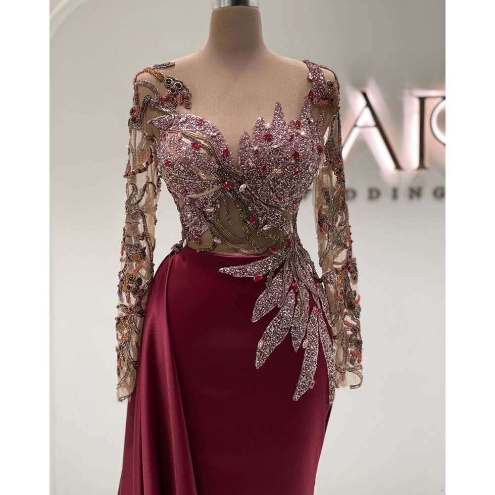 Beading Mermaid Prom Dresses Bury Long Sleeve Sexy Jewel Neck Evening Dress Party Wear Sweep Train Satin Gowns 6660306