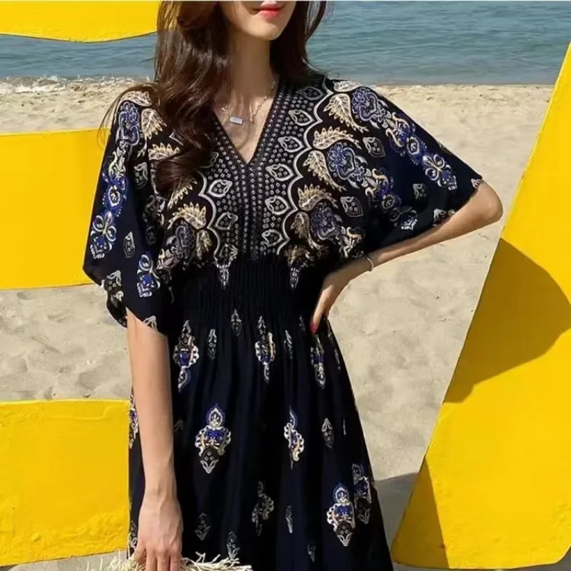 Women Indian Dress Vintage Korean Style Bohemian Floral Casual Loose Vestidos Robe Maxi VNeck Cotton Long Dresses for 240509