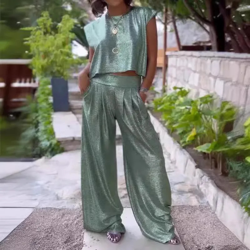 Summer Fashion Gloss Two Piece Set Women Sleeveless Top Wide Leg Pants 240423