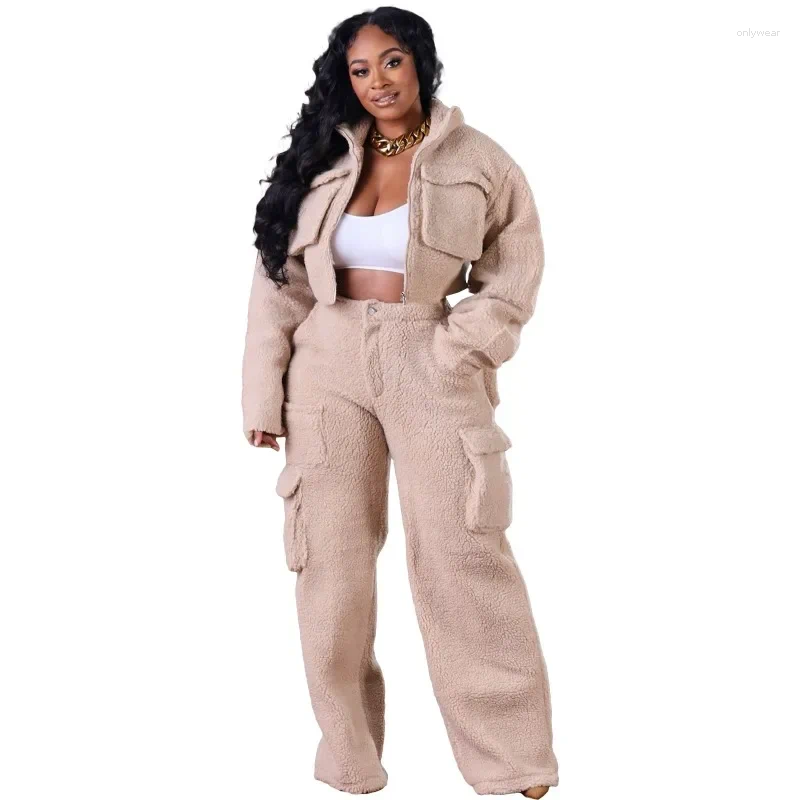 Women's Two Piece Pants Woolen Fleece Sets Women 2024 Winter Long Sleeve 3D Pocket Zipper Turn-down Collar Crop Top Wide Leg Streetwear