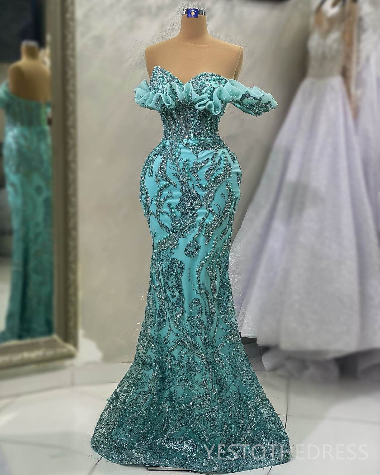 2024 Mint Plus Size Prom Dresses for Special Occasions Promdress Sheer Neck Beaded Lace Rhinestone Decorated Birthday Party Dress Second Reception Gow