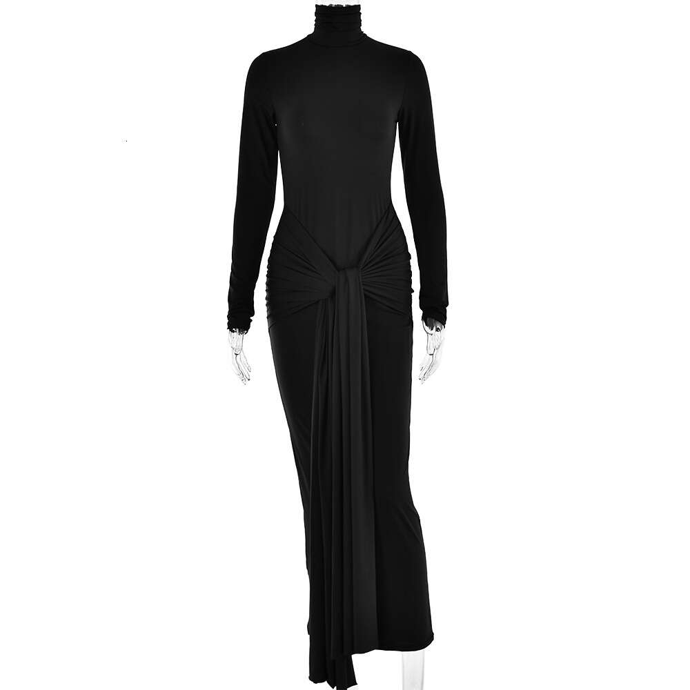 Autumn half high necked sleeved dress for women's fashion, sexy temperament, spicy girl tight fitting long skirt F51150
