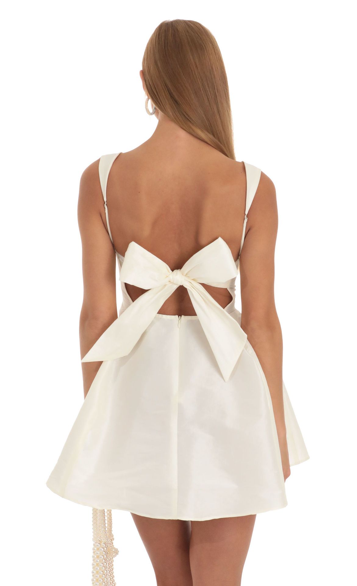 Casual Dresses Fashion Bow Backless Pleated Dress For Women white Solid Square Neck Suspender Mini Summer Chic Female Party waist-cinching dress