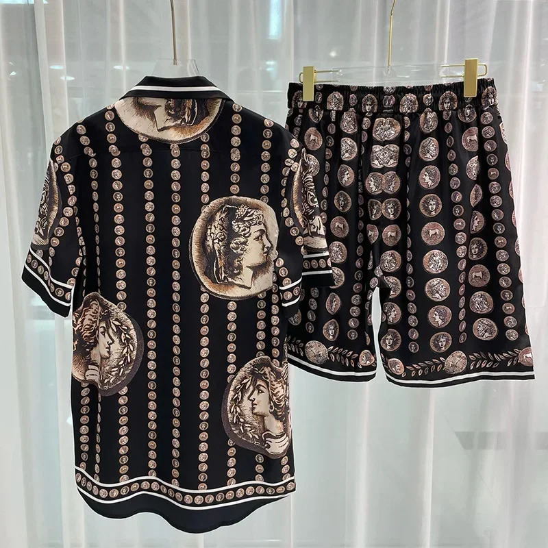 Mens short-sleeved shirt suit vintage figure print two-piece suit casual shorts 240429
