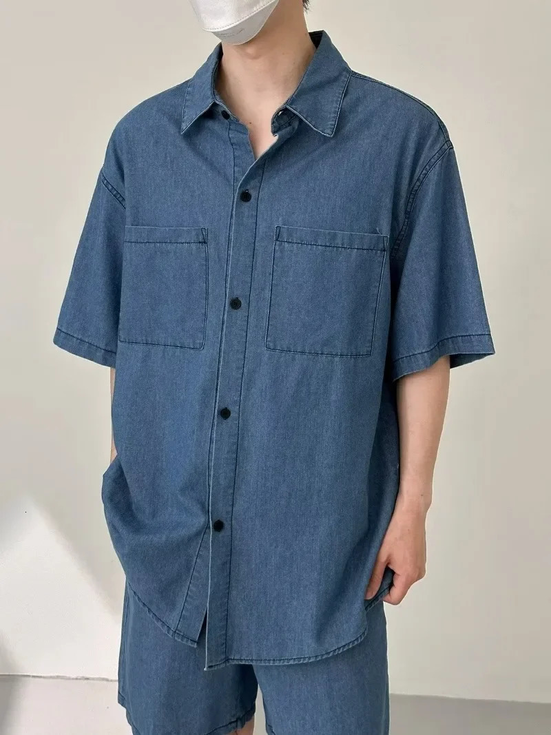 Summer Casual Sets Thin Denim Suits for Mens Vintage Wash Jean Cloth Two-piece Short Sleeved Lapel Shirt Shorts Outfits 240429