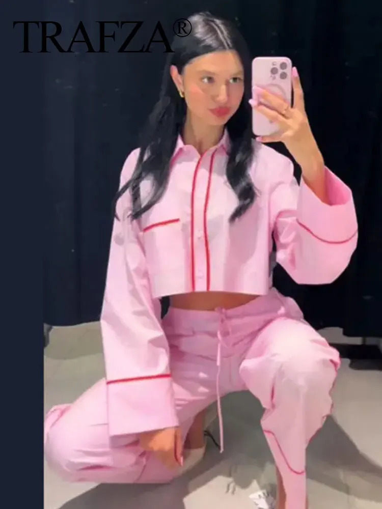 TRAFZA Women Elegant Pink Blouse Pant Suit Single Breasted Long Sleeve Shirt Drawstring Trousers Summer Female Streetwear Sets 240423
