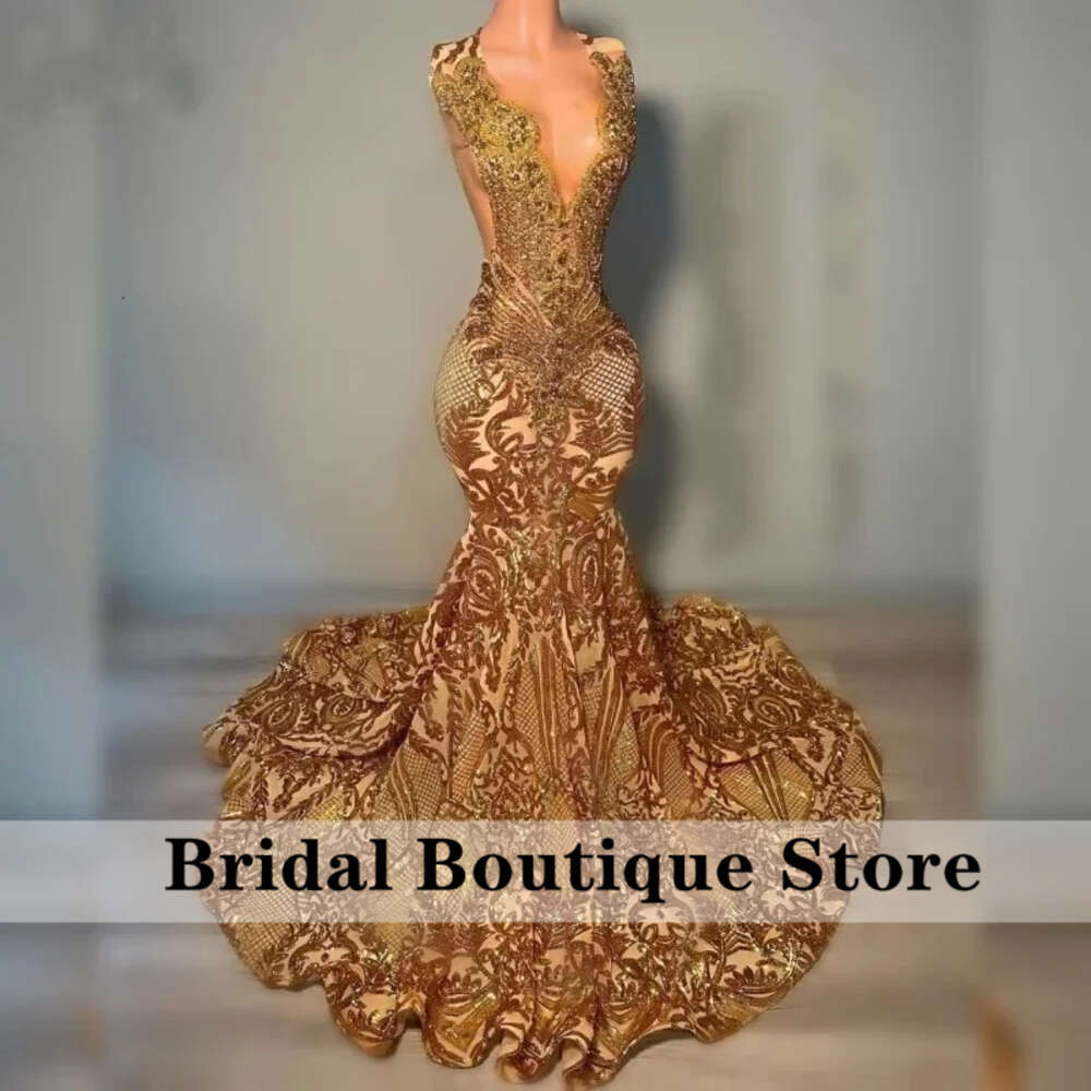 New Design Gold Dias Prom Dresses For Black Girls Crystal Beading Rhies Sequins Gowns special Birthday Party Dress