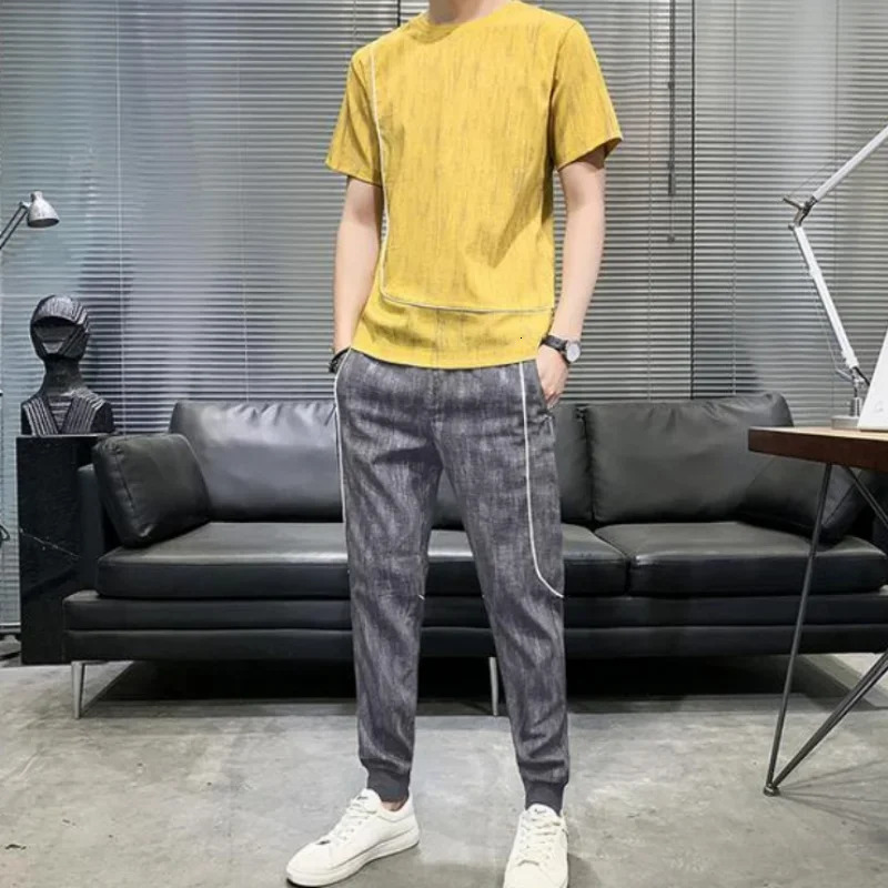 Top Gym Mens Clothing Sportswear Sports Suits Khaki T Shirt Man No Pants Sets Basic Tracksuit Fashion in Matching Chic 240429