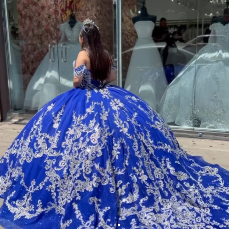 Royal Blue Prom Dress Ball Gown Sweet 16 Year Quinceanera Dresses Off The Shoulder Applique Lace Beads Tull Birthday Party Ocn Vestidos De 15 anos