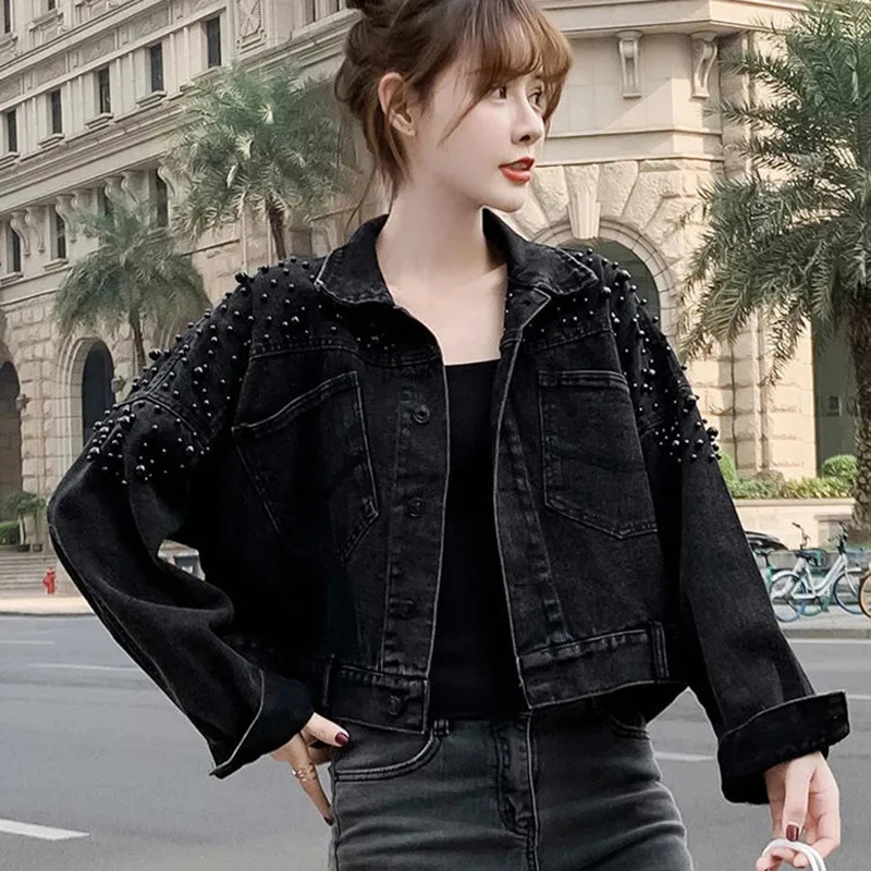 Rimocy Pearls Decorate Denim Jacket Women Autumn Turn Down Collar Loose Cropped Coat Woman Button Long Sleeve Jeans Jackets 240423