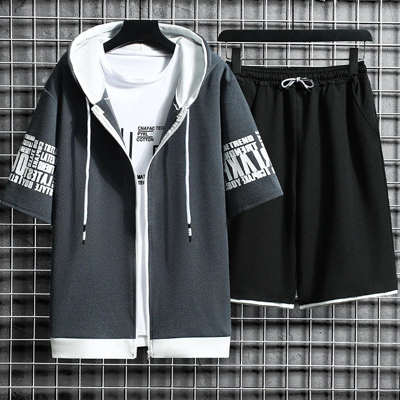 Men Sets 2 Pieces Tracksuit Summer Short Sleeve Hooded Tops Shorts Streetwear Loose Mens Suit Casual Zipper Hip Hop Sportswear 240429