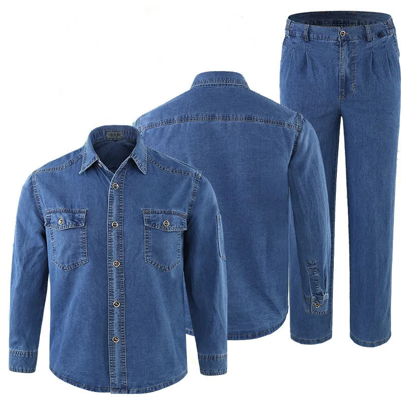 Summer Men Uniform Jeans Sets Long Sleeve Jacket Slim Cotton Two Pieces Breathable Male Wear Resistant Denim Suits Size 4XL 240429