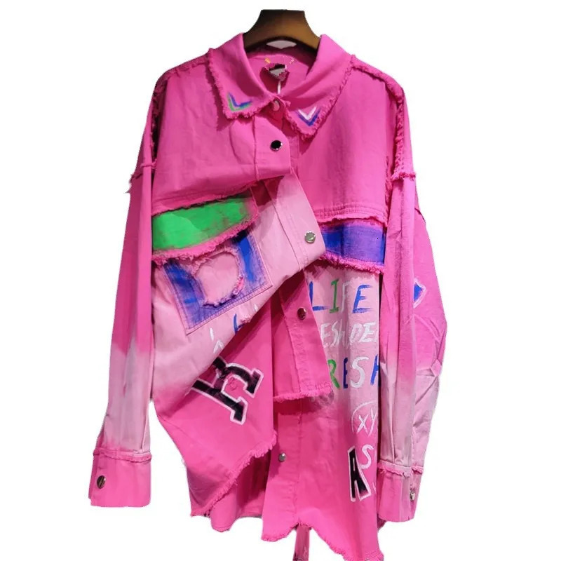 Spring Autumn Long Sleeve Denim Jacket Shirt Women Washed Worn Printed Casual Fashion Loose Street Style 240423