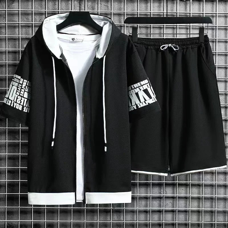 Men Sets 2 Pieces Tracksuit Summer Short Sleeve Hooded Tops Shorts Streetwear Loose Mens Suit Casual Zipper Hip Hop Sportswear 240429