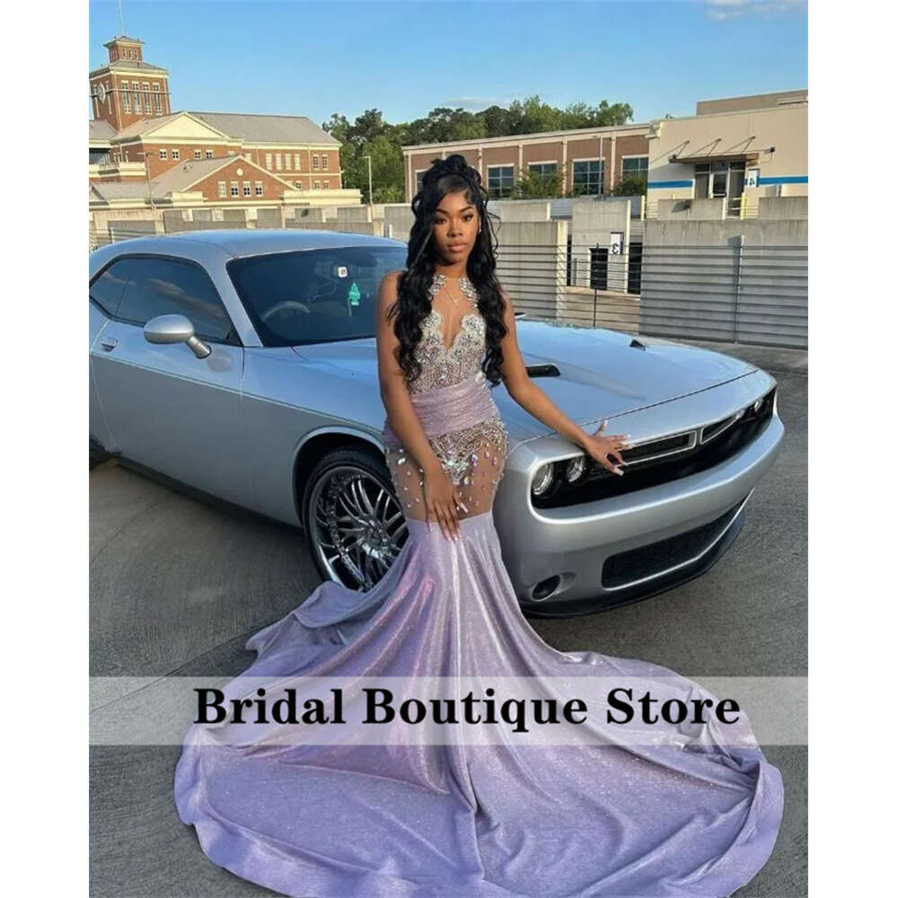Sparkly Lavender Lilac Dias Long Prom Dress 2024 For Black Girls Beads Crystals Rhies Birthday Party Reception Robe