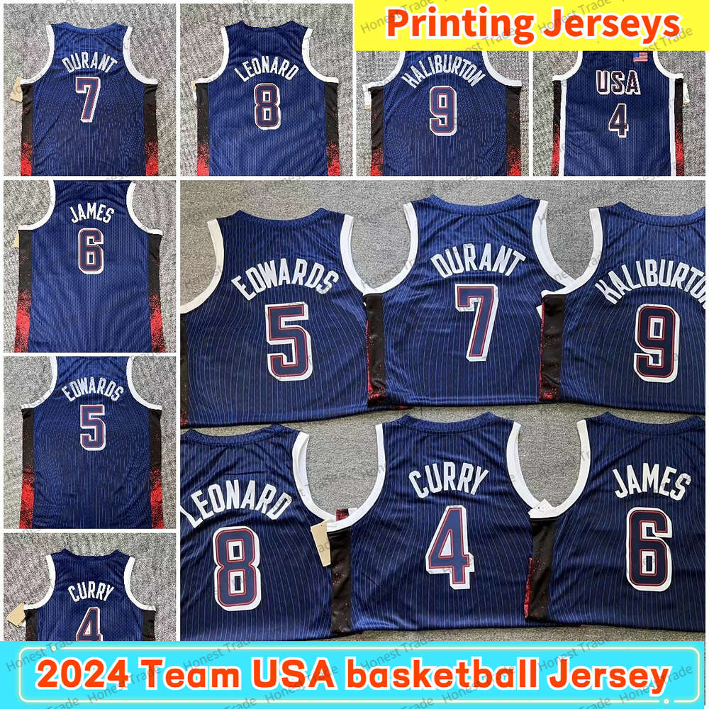 Paris 2024 USA 6 James Stephen Curry 4 Tyrese Haliburton Kawhi Leonard Kevin Durant Anthony Edwards Dream Team US Mens Blue Basketball Jerseys Printing