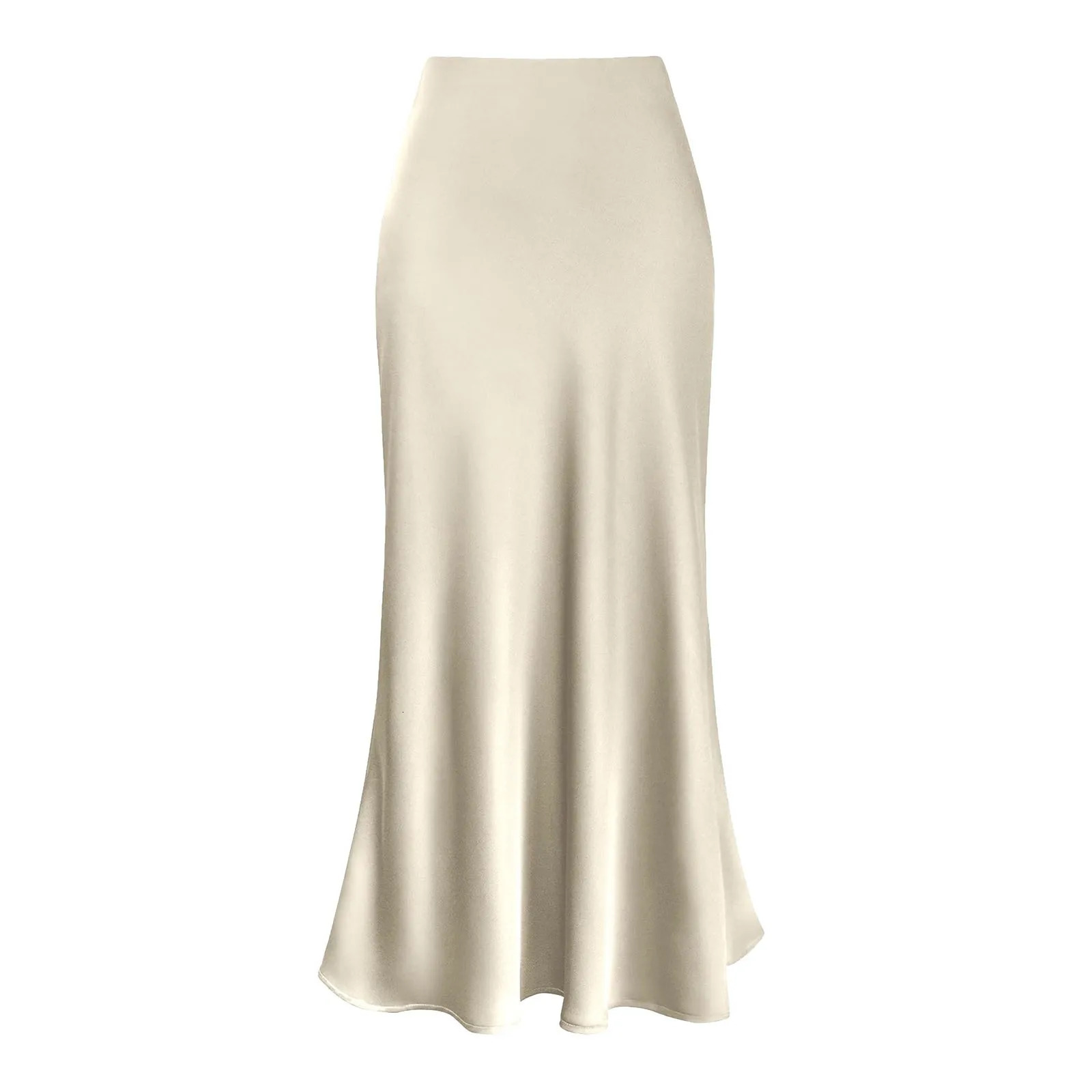 ALine Pleated Long Skirts Summer Women 2024 Skirt Streetwear Elastic Waist Solid Elegant Satin Dress For Ladies 240508