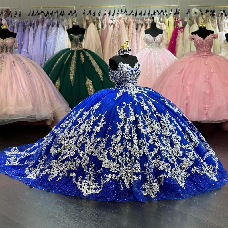 Royal Blue Prom Dress Ball Gown Sweet 16 Year Quinceanera Dresses Off The Shoulder Applique Lace Beads Tull Birthday Party Ocn Vestidos De 15 anos