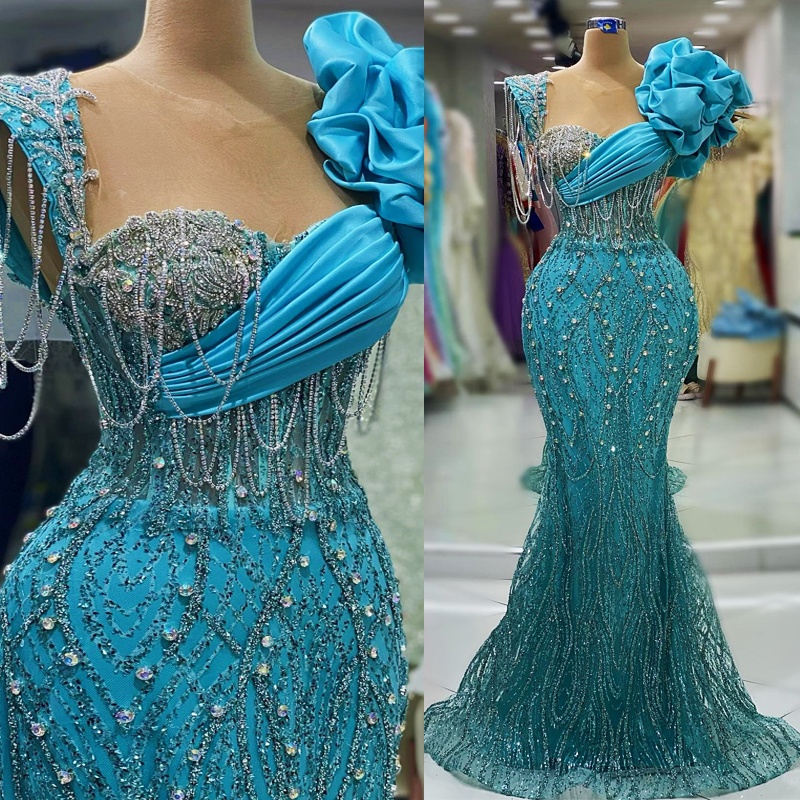 2024 Blue Plus Size Prom Dresses for Special Occasions Promdress Sheer Neck Beaded Lace Beading Tassel Rhinestone Birthday Party Dress Second Receptio