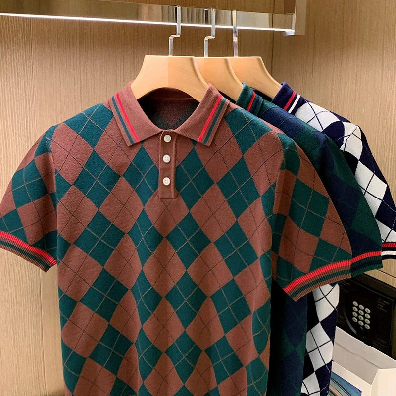 Spring Summer Men Short Sleeve Polo Shirt Male Plaid Contrast Color Slim Fit Mesh Fabric Ventilate Golf 2024 W49 240509