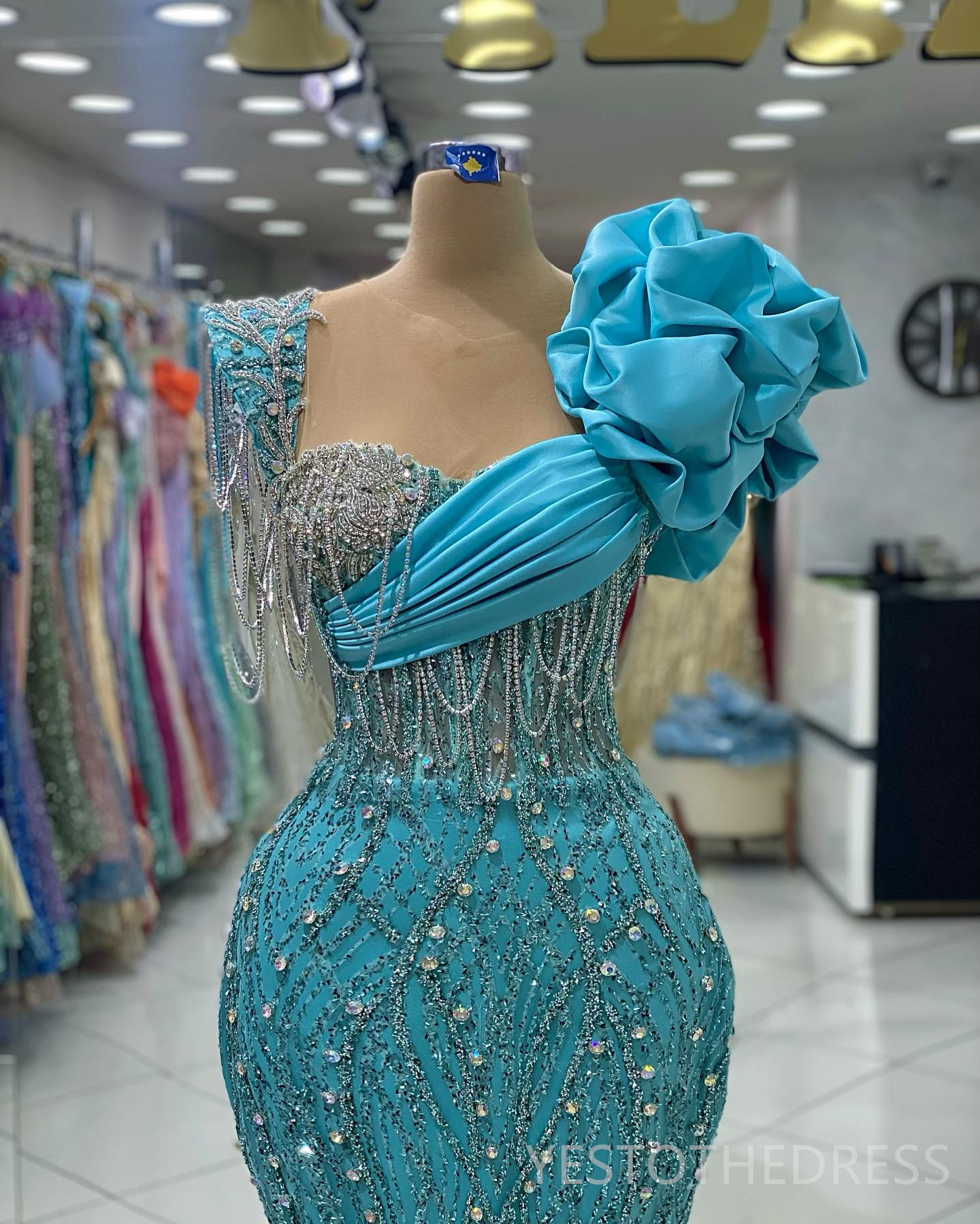 2024 Blue Plus Size Prom Dresses for Special Occasions Promdress Sheer Neck Beaded Lace Beading Tassel Rhinestone Birthday Party Dress Second Receptio