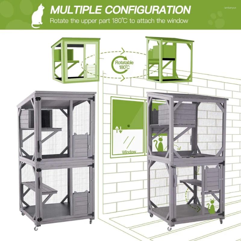 Cat Carriers House Outdoor Cage Enclosure On Wheels Large Wooden Kitty Catio With Resting Box PVC Layer