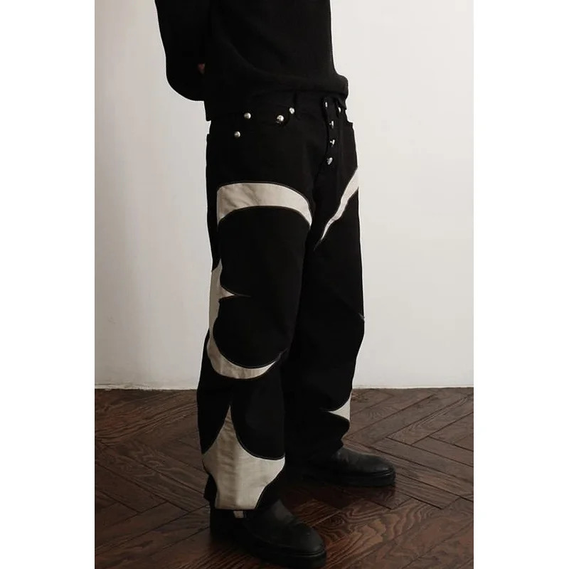 Y2k Men Black Baggy Jeans Spliced Leather High Street Loose Straight Casual Trousers Hip Hop Harajuku Pants Streetwear 240429