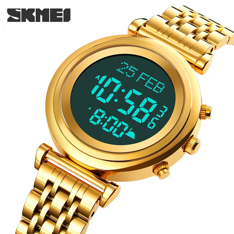 SKMEI Muslim Qibla Watch Women Adhan Alarm Clock Hijri Calendar Islamic Al Harameen Fajr Time Wristwatch For Women montre femme 240428