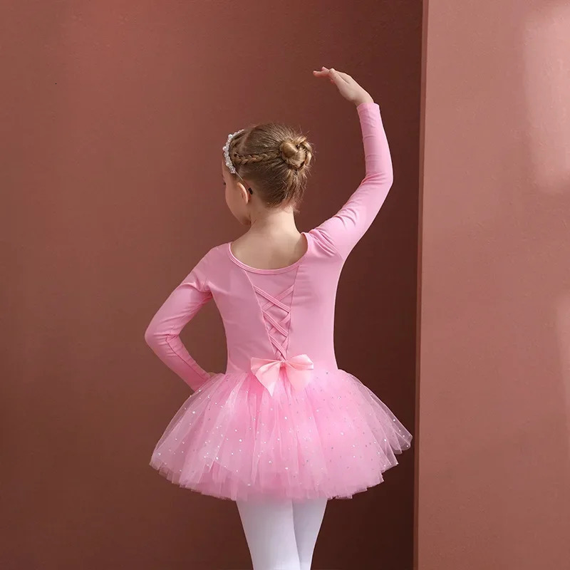 Short /Long Sleeves Tulle Bowknot Skate Gymnastics Christmas Birthday Party Leotard Dancewear Girls Ballet Dance Tutu Dress Kids 240510