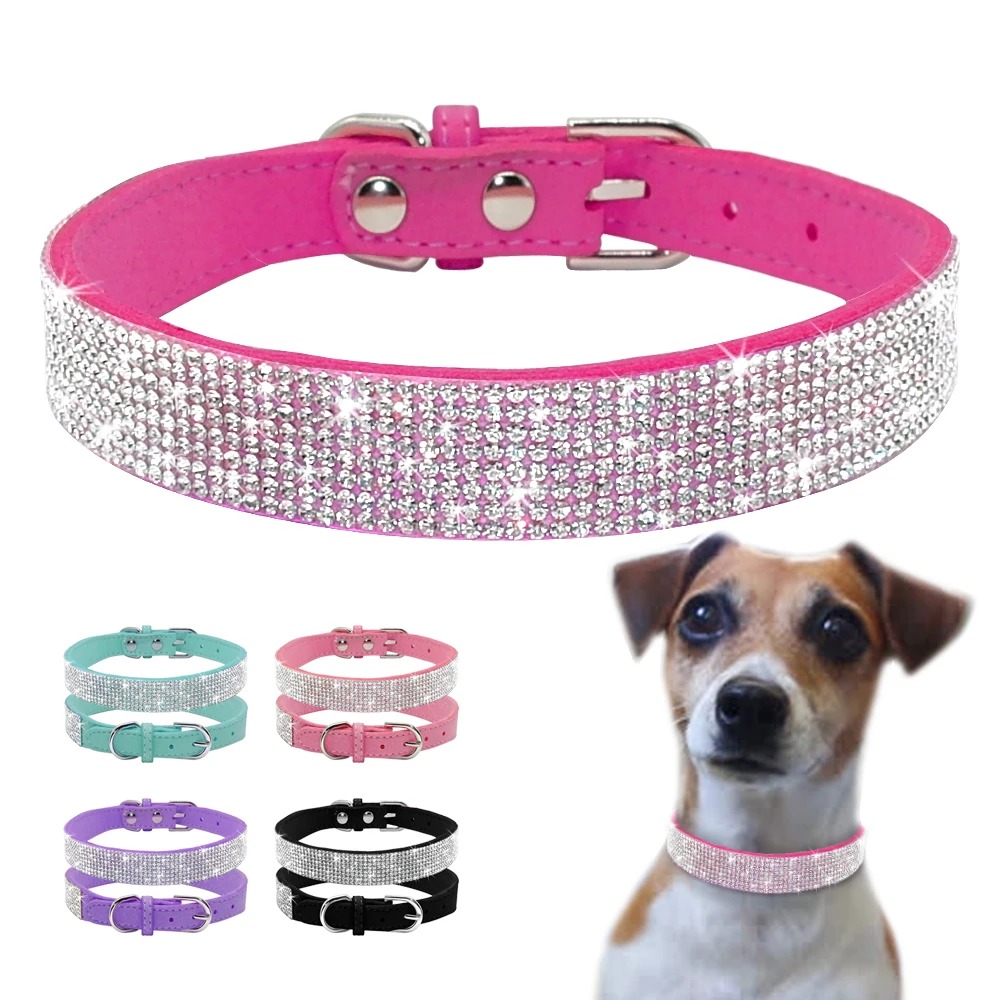 Rhinestone Dog Cat Collar Suede Leather Puppy Cats Kitten Collar for Small Dogs Chihuahua Yorkshire French Bulldog