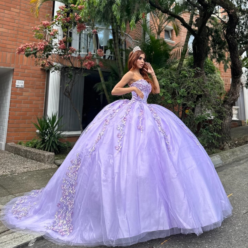 Lavender Lace Appliques Quinceanera Ball Gown Birthday Gowns Off The Shoulder Beads Tull Corset Sweet 16 Dresses vestidos de 15