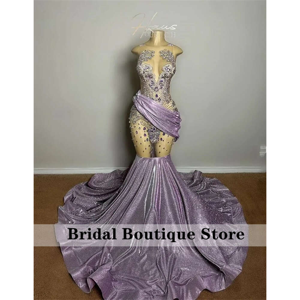Sparkly Lavender Lilac Dias Long Prom Dress 2024 For Black Girls Beads Crystals Rhies Birthday Party Reception Robe