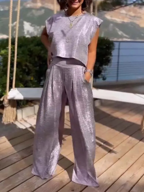 Summer Fashion Gloss Two Piece Set Women Sleeveless Top Wide Leg Pants 240423