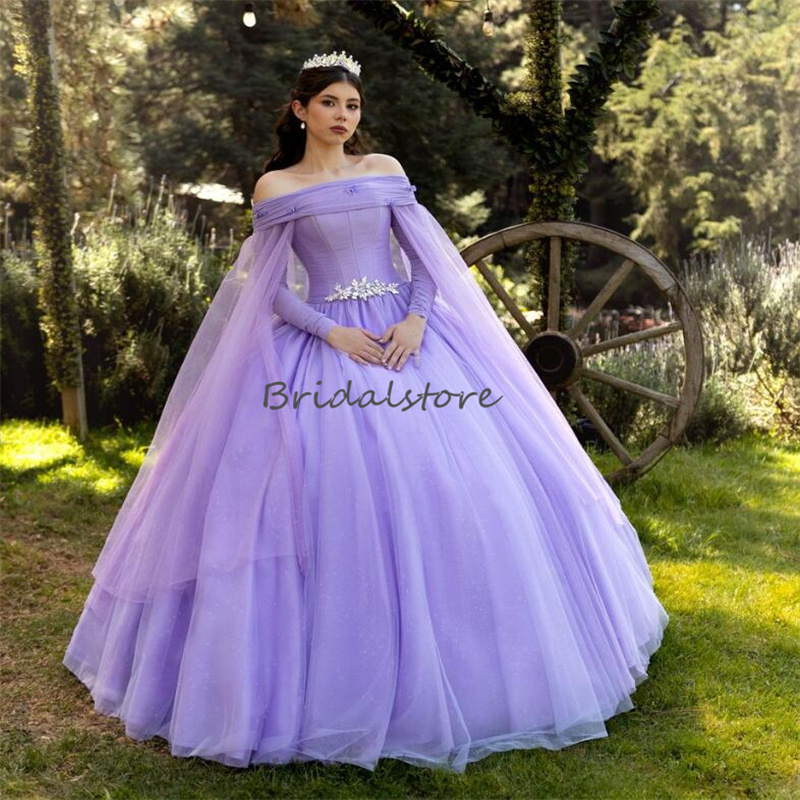 Fairy Lilac Quinceanera Dresses 2024 Off Shoulders Elegant Beaded Long Sleeve Sixteen Birthday Dress Gorgeous Vestido 15 Anos Debutante Prom Party Gow