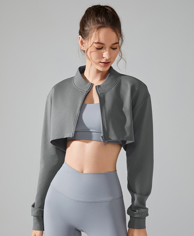 Women Yoga shirt T-Shirts Women Half-cut Hoodie Running Top Quick Drying Long Sleeve Blazer Sport-Cycling Short Coat