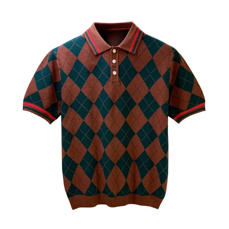 Spring Summer Men Short Sleeve Polo Shirt Male Plaid Contrast Color Slim Fit Mesh Fabric Ventilate Golf 2024 W49 240509