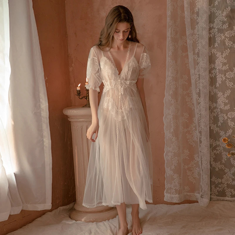 womens pajamas mesh court style long pajamas seductive evening gowns outerwear 240425